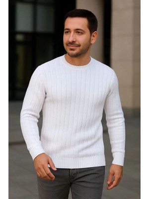 Hace Bazaar Bisiklet Yuvarlak Yaka Triko Kazak Pamuklu Kalın Fitilli Dokuma, Regular Fit Uzun Kollu Kışlık Model - Beyaz