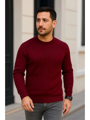 Hace Bazaar Bisiklet Yuvarlak Yaka Triko Kazak Pamuklu Kalın Fitilli Dokuma, Regular Fit Uzun Kollu Kışlık Model - Bordo