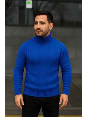 Hace Bazaar Balıkcı Yaka Bağazlı Triko Kazak Pamuklu Kalın Fitilli Dokuma, Regular Fit Uzun Kollu Kışlık Model - Saks Mavisi