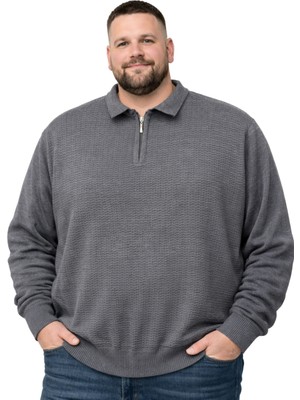 Battal Moda Erkek Büyük Beden Füme Polo Yaka Fermuarlı Dokulu Triko Kazak 3xl-4xl-5xl-6xl