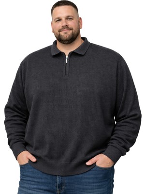 Battal Moda Erkek Büyük Beden Antrasit Polo Yaka Fermuarlı Dokulu Triko Kazak 3xl-4xl-5xl-6xl