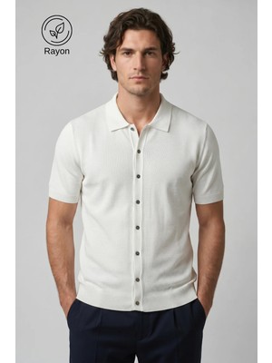 Allunique Bej İnce Örgü Kısa Kollu Rayon Yazlık Triko Gömlek