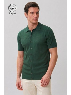 Allunique Haki Ince Örgü Kısa Kollu Rayon Yazlık Triko Gömlek