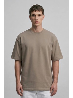 Allunique Erkek Pamuklu Bisiklet Yaka Vizon T-Shirt