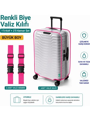 Trink Çanta Şeffaf Valiz Koruyucu Kılıf ve Valiz  Kemeri * 2 Adet  * Pembe  - Büyük