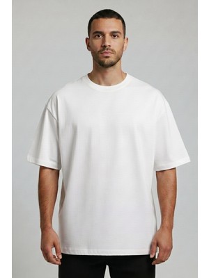 Allunique Erkek Pamuklu Oversize Bisiklet Yaka Beyaz T-Shirt
