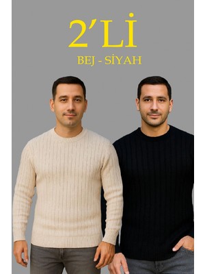 Hace Bazaar Fitilli Triko Kazak 2’li Set – Bej  Beyaz, Kalın Dokuma Pamuklu Regular Fit Bisiklet Yaka Uzun Kollu Rahat Kışlık Kazak Kombini