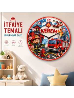Kutup YıldızıTasarım Atölyesi Kişiye Özel Isimli Itfaiye Temalı Ahşap Görünümlü Duvar Saati - 30 cm - Dekoratif Çocuk Odası Hediyesi
