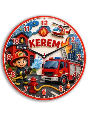 Kutup YıldızıTasarım Atölyesi Kişiye Özel Isimli Itfaiye Temalı Ahşap Görünümlü Duvar Saati - 30 cm - Dekoratif Çocuk Odası Hediyesi