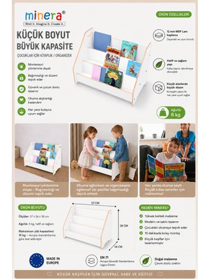 Minera Anka Montessori Ahşap Yer Kitaplığı Beyaz MDF 3 Raflı 57x34x38 cm Modern Tasarım