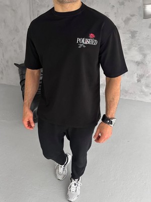 Hace Bazaar Bisiklet Yaka Baskılı Oversize T-Shirt - Siyah