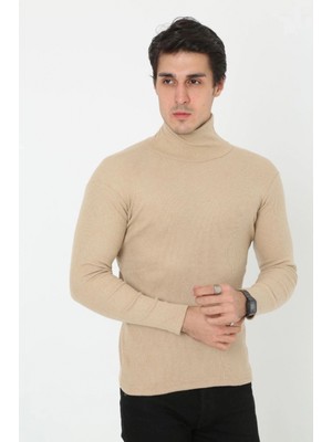 Hace Bazaar Erkek Fitilli Kaşkorse Kumaş Boğazlı Full Likralı Slimfit Body - Bej