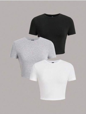 Öz Pamuk Kadın 3 Lü Adet Fitilli %100 Pamuklu Bisiklet Yaka Örme Kaşkorse Crop T-Shirt