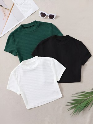 Öz Pamuk Kadın 3 Lü Adet Fitilli %100 Pamuklu Bisiklet Yaka Örme Kaşkorse Crop T-Shirt