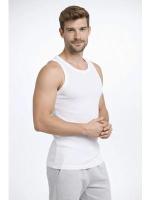 Hace Bazaar Erkek Fitilli Atlet Sıfır Yaka Slim Fit Arka Baskılı Spor Atlet - Beyaz