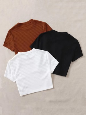 Öz Pamuk Kadın 3 Lü Adet Fitilli %100 Pamuklu Bisiklet Yaka Örme Kaşkorse Crop T-Shirt