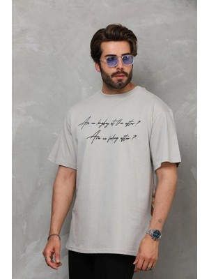 Hace Bazaar Bisiklet Yaka Baskılı Oversize T-Shirt - Gri
