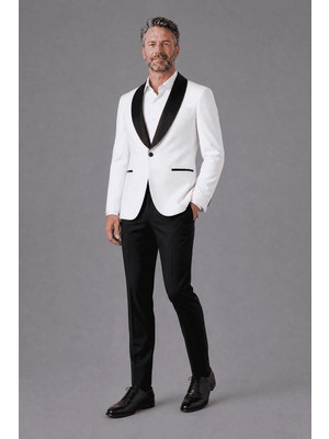 Bisse Ekru Modern Fit Polyester Yün Viskon Drop Yaka Çi̇ft Yirtmaç Smokin SM23Y22201_D03