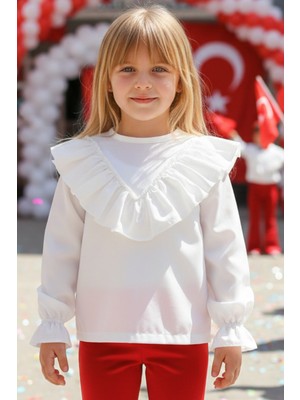 Parla Kids Kız Çocuk Ekru V Fırfırlı Uzun Kollu Bluz Gömlek Body 23 Nisan Gösteri Kıyafeti