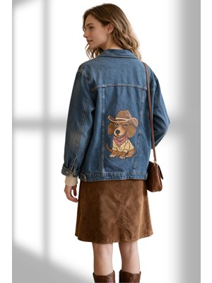 Room 8 Kadın Mavi Denim Ceket Sırt Desenli Kovboy Temalı Dachshund Köpekli Ceket