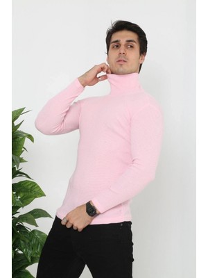 Hace Bazaar Erkek Fitilli Kaşkorse Kumaş Boğazlı Full Likralı Slimfit Body - Toz Pembe