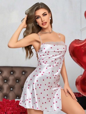 Beru Kadın Beyaz Fuşya Kalp Desenli Saten Gecelik 2219 Beru Najmaddin