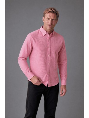 Bisse Pembe Regular Fit Pamuk Keten Uzun Paşa Yaka Gömlek GMKTN250006_C29