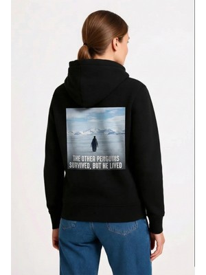 Hace Bazaar Kadın 3 Iplik Pamuklu Kapüşonlu Hoodie Sweatshirt Survivor Penguen Baskılı - Siyah
