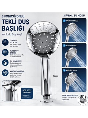 Cmc Tools CMC01 Banyo Duşluk Telefon Tek Duş Başlığı 3 Fonksiyonlu Su Duş Başlığı