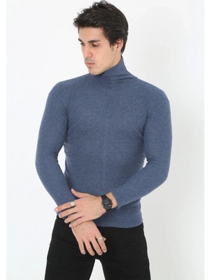 Hace Bazaar Erkek Fitilli Kaşkorse Kumaş Boğazlı Full Likralı Slimfit Body - Indigo