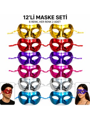 Gees Global 12&amp;#39;li Metalik Venedik Toptan Parti Maskesi Seti – 6 Renk Karışık