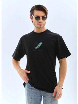 Hace Bazaar Erkek Kısa Kol Yazlık Tişört Bisiklet Yaka Baskılı Oversize T-Shirt - Siyah
