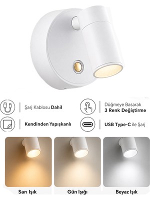 Opra Beyaz Kablosuz Şarjlı Dokunmatik Pilli LED Duvar Lambası, Yatak Başı Aplik