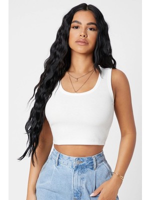 Beru Kadın Beyaz Kare Yaka Crop Top Bluz Beru Najmaddin