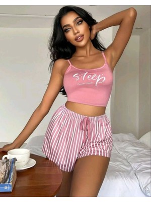 Najmaddin Beru Kadın Pembe Çizgili Desen Askılı Şortlu Pijama Takımı Rahat Şık 2’li Set Beru Najmad