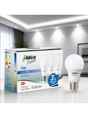 ORBUS Premium 9W LED Ampul 3’lü Paket Beyaz Işık 6500K E27 840 Lümen