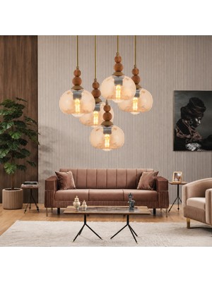 Apliqa Vinta 5'li Yuvarlak Eskitme Ahşap Detaylı Bohem Salon Sarkıt Avize