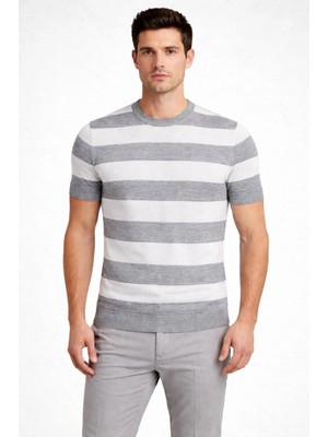 Hace Bazaar Erkek T-Shirt Çizgili Kısa Kol Yazlık Triko Dokuma Bisiklet Yaka Tişört - Gri