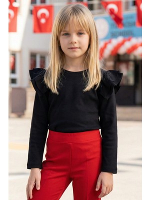 Parla Kids Kız Çocuk Siyah Omuz Fırfırlı Bisiklet Yaka Body Sweatshirt 23 Nisan Gösteri Kıyafeti