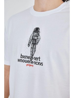Hace Bazaar Erkek Baskılı T-Shirt Kısa Kol Bisiklet Yaka Regular Fit Rahat Kalıp Günlük Tişört - Beyaz