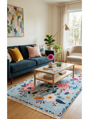 Hfs Home Dekorasyon Flowers Mavi Yeşil Çok Renkli Bohem Çiçek Desenli Şönil Ev Oturma Odası Salon Yatak Odası Halısı Yolluk