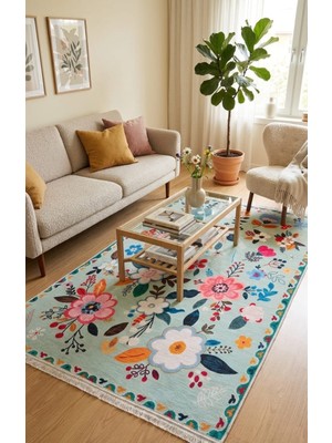 Hfs Home Dekorasyon Flowers Mavi Yeşil Çok Renkli Bohem Çiçek Desenli Şönil Ev Oturma Odası Salon Yatak Odası Halısı Yolluk