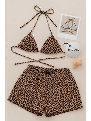 Beru Kadın Leopar Desenli Şortlu Belden ve Boyundan Bağlamalı Bikini Takımı Beru Najmaddin