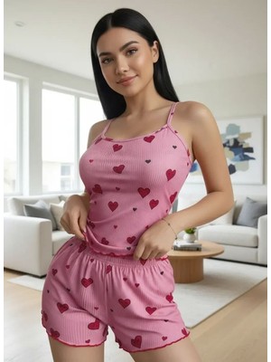 Beru Kadın Pembe Kalp Desenli Askılı Şortlu Pijama Takımı Beru Najmaddin