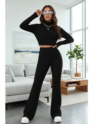 Najmaddin Beru Kadın Siyah Boğazlı Crop Top Yüksek Bel Eşofman Takımı Spor Şık 2’li Set Beru Najmad