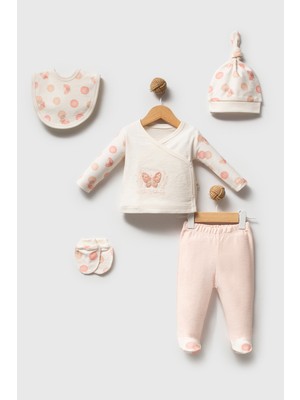 H HONEY BABY %100 Organik Pamuk Sevimli Kelebek Nakışlı Kız BEBEK%100 Pamuk 5 Parça Hastane Çıkış Seti (0-3 Ay)