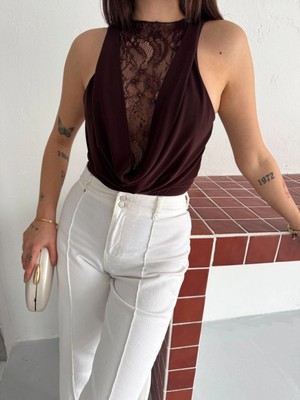 Hace Bazaar Kadın Dantel Detaylı Derin Dekolte Body Şık Kolsuz Yazlık Bodysuit - Kahvrenegi