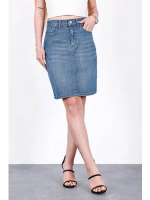 Hlt Jeans Nordic Blue Kadın Regular Fit Likralı Yüksek Bel Orta Boy Denim Kot Etek ALİCE-4013