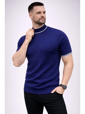 Hace Bazaar Erkek Fitilli Triko Dokuma Kısa Kol Tişört Yarım Boğaz Modern Yazlık T-Shirt - Lacivert
