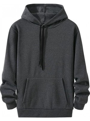 Hace Bazaar Kadın Kapüşonlu Kanguru Cepli 3 Iplik Pamuklu Oversize Hoodie Sweatshirt - Füme